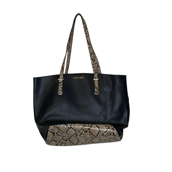 Kate Landry Black Leather  Python‎ Snake Print Tote Shoulder Bag Zip Top - Picture 1 of 8